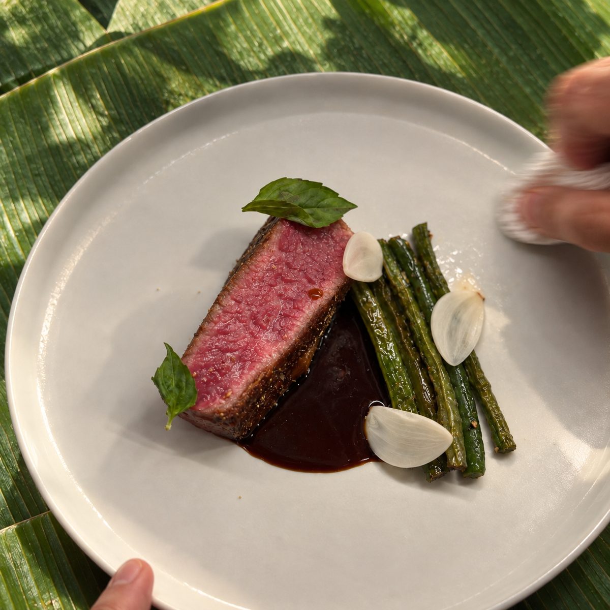 Short rib masak hitam with green beans and pickled garlic