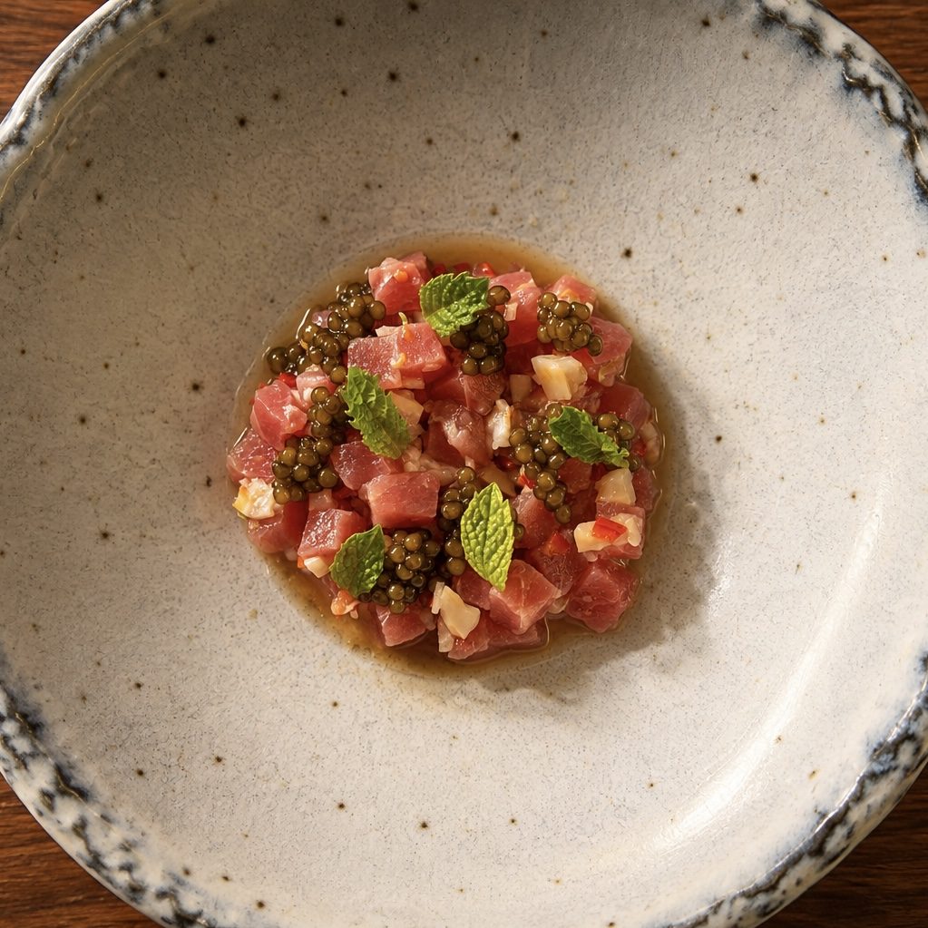 Tuna tartare with caviar and mint in a speckled ceramic bowl
