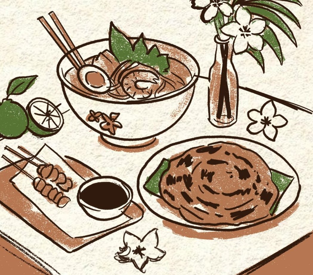 Hand-drawn illustration of a table set with laksa, satay, roti canai, calamansi and frangipani